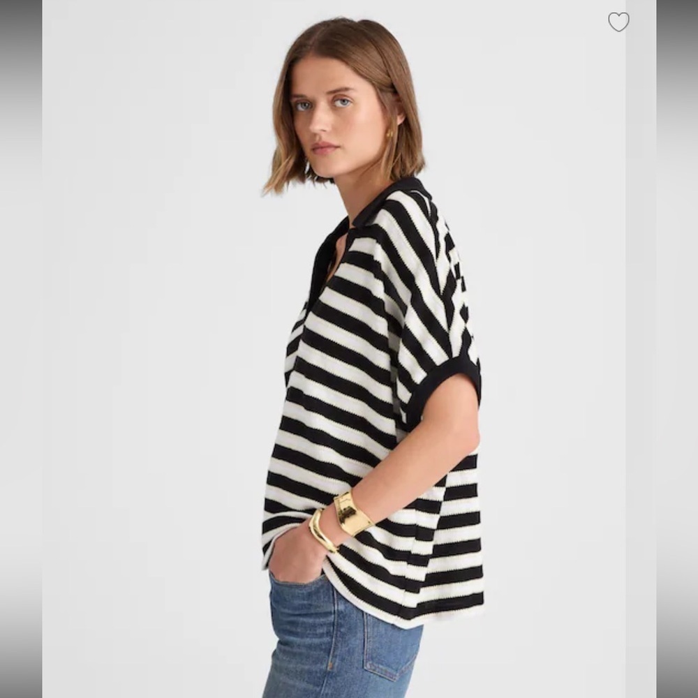 Madewell Relaxed V-Neck Polo Shirt in Stripe Green Size XS - Picture 3 of 13